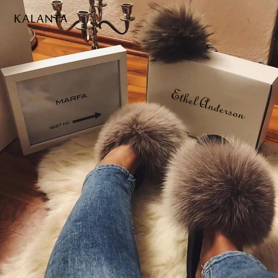 

Brazilian fluffy women's slippers fluffy raccoon sandals artificial fur natural color outdoor suede slippers autumn and winter