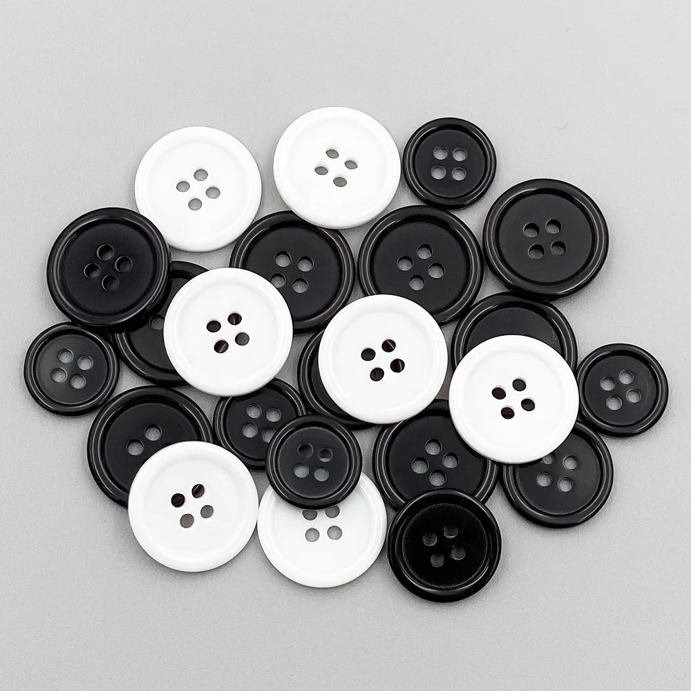 

Round Button Sew Bread Shape 4 Holes White Black Plastic Polyester Resin Shirt Button, Customized