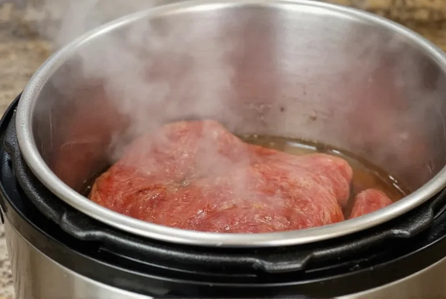 Instant Pot with steam rising, showing timer set to 15 minutes for pepper steak cooking
