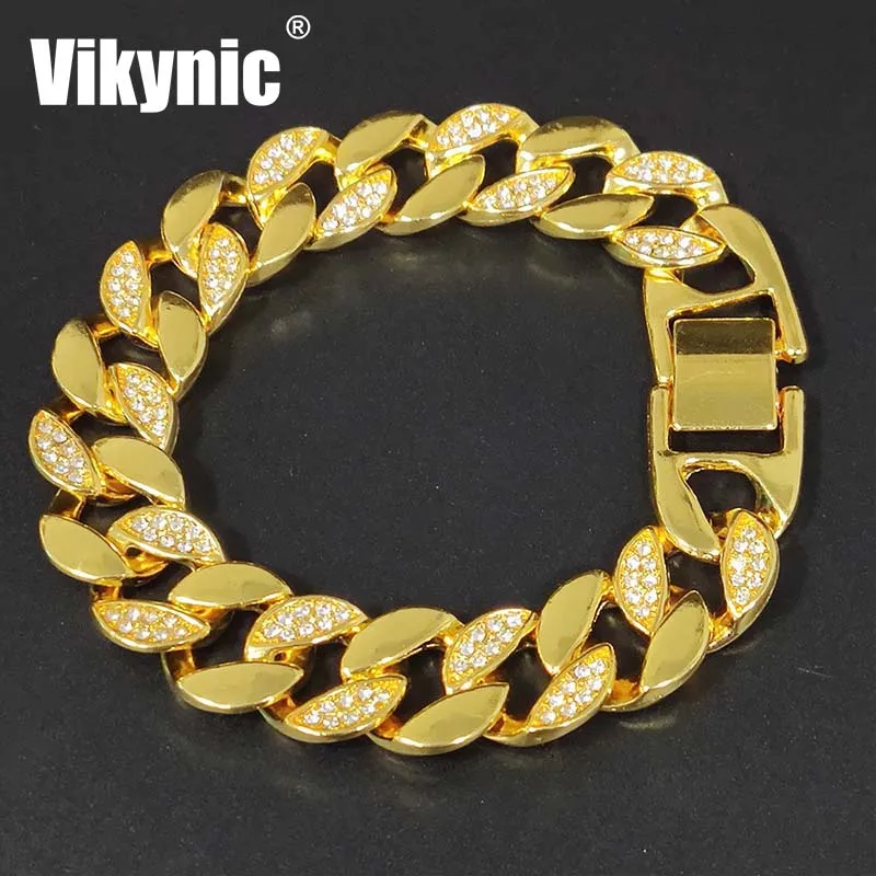 

Hip Hop 18k Gold Plated 15mm Simple Separated Stripe Diamond Chain Cubic Zirconia Bracelet Iced Out Bracelet Cuban Link Bracelet, Gold/silver