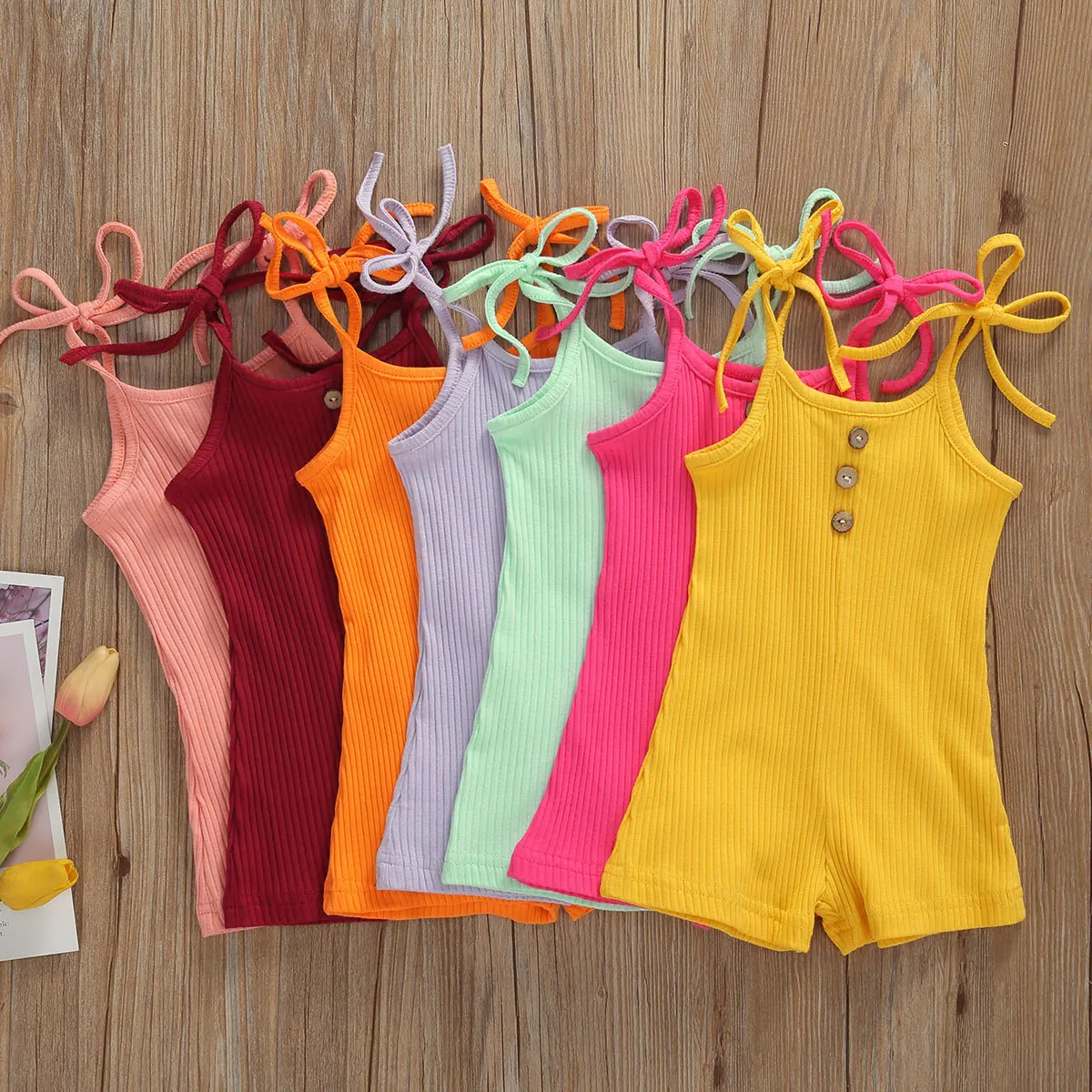 

4019 Kids Summer Clothing Newborn Infant Baby Girls Clothes Knitted Solid Ribbed Halter Romper Sleeveless Jumpsuit Bodysuit