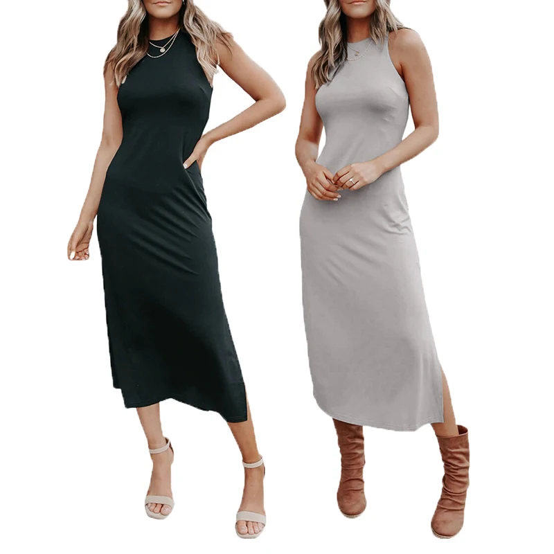 

2021 Summer Ladies Pencil Casual Dresses Solid Color Halter Neck Jersey Dress For Women