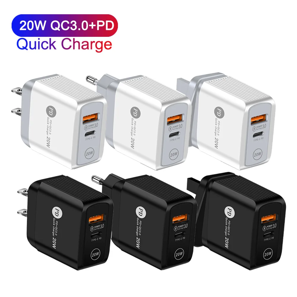 

20W QC 3.0 PD Type-C Wall Travel Charger Adapter USB fast chargers for smart phones, Black+white