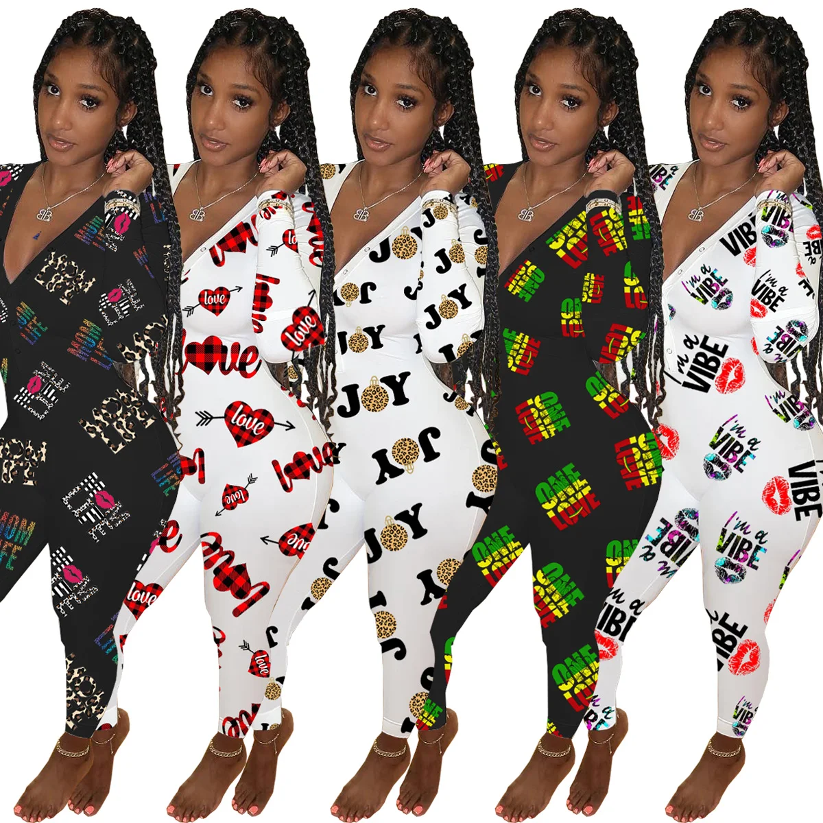 

wholesale Casual Deep V Neck Printed Homewear Jumpsuit