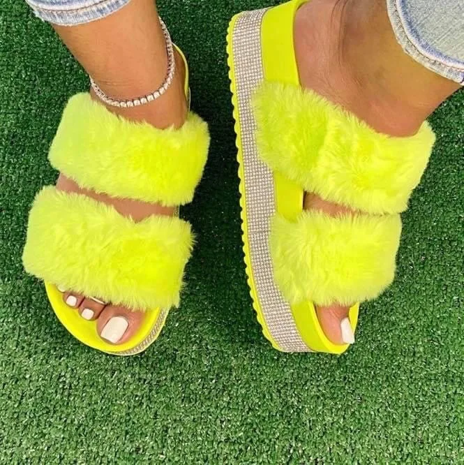 

Hot Sale Fashion Ladies Platform Bling Furry Sandals Multi Color Large Size Fur Slides for Women, Black , rose , white , yellow