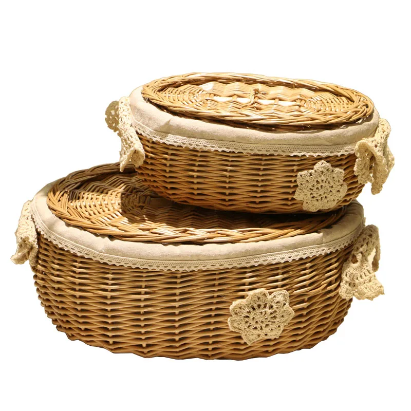 

Wicker Woven Storage Basket With Cover Rattan Woven Storage Desktop Storage Box Bread Basket Desktop Round Basket, Natural