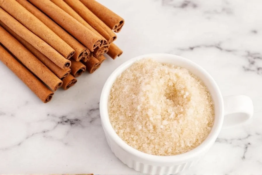 Close-up of measuring spoons showing 1 part cinnamon to 4 parts sugar ratio in a glass bowl