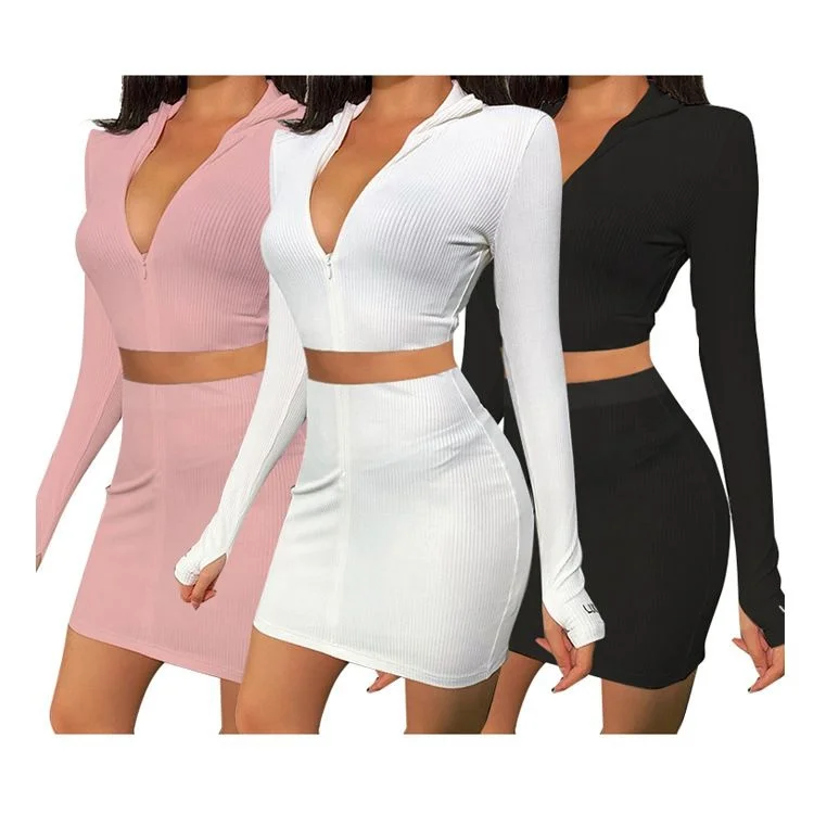 

2021 Popular bodycon Women Clothes Dress Set Long Sleeve zipper Two Piece Ladies Mini Dresses, Customized color