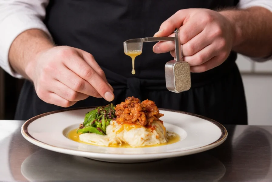 Chef carefully adding single drop of Melinda's Ghost Pepper sauce to a dish with measuring tools visible