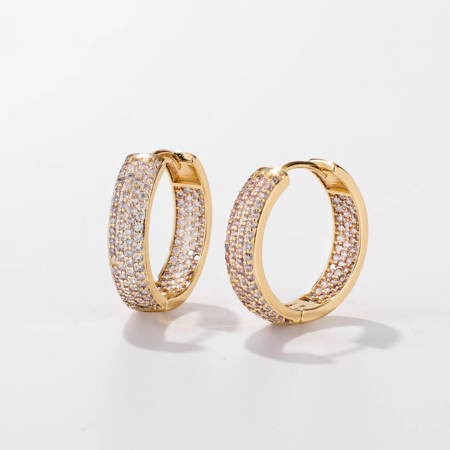 

14K Real Genuine Gold Plated Brass Circle Huggies Earrings Shiny Jewelry Four rows of cubic Zircon Diamond Hoop Earrings