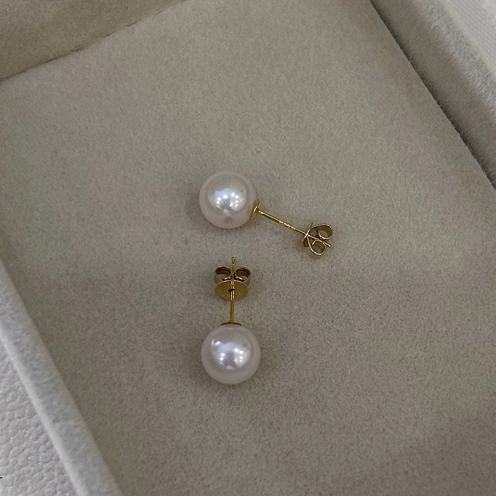 

7.5-8 MM akoya AU750 real solid 18k gold stud Earrings seasalt akoya Perfect Round sea salt Pearl Earrings-AAA high luster