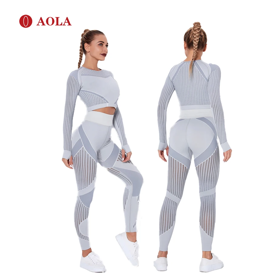 

AOLA 2020 Women Customized Logo High Waist Leggings And Tops Workout Seamless Sportswear Fitness For Jogger Yoga Set, Picture shows