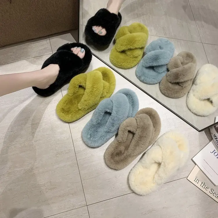 

Jtfur Wholesale Fuzzy Elegant Fur Plush Fur slides Fashion Cross Strips Fluffy Women Fur Indoor Slides Slippers, Customized color