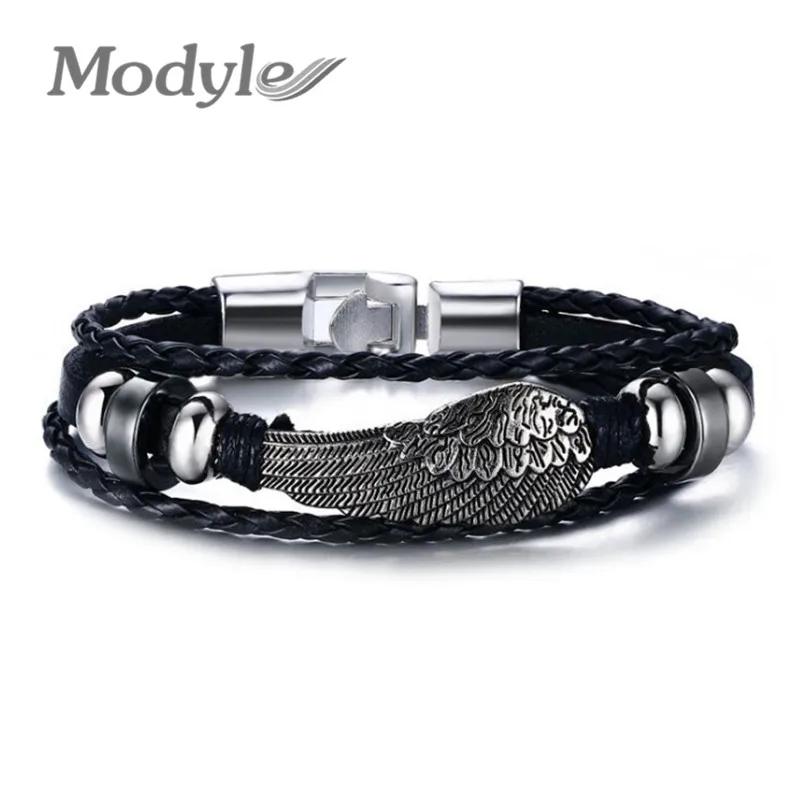 

2021 Cool Men Punk Genuine Leather Wrap Bracelet Fashion Wing Bracelet for Women