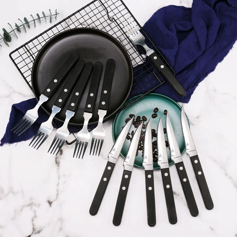 

12Pcs wholesale knives kitchen knife and fork salt pepper mill steak knives set with pom handle, Black