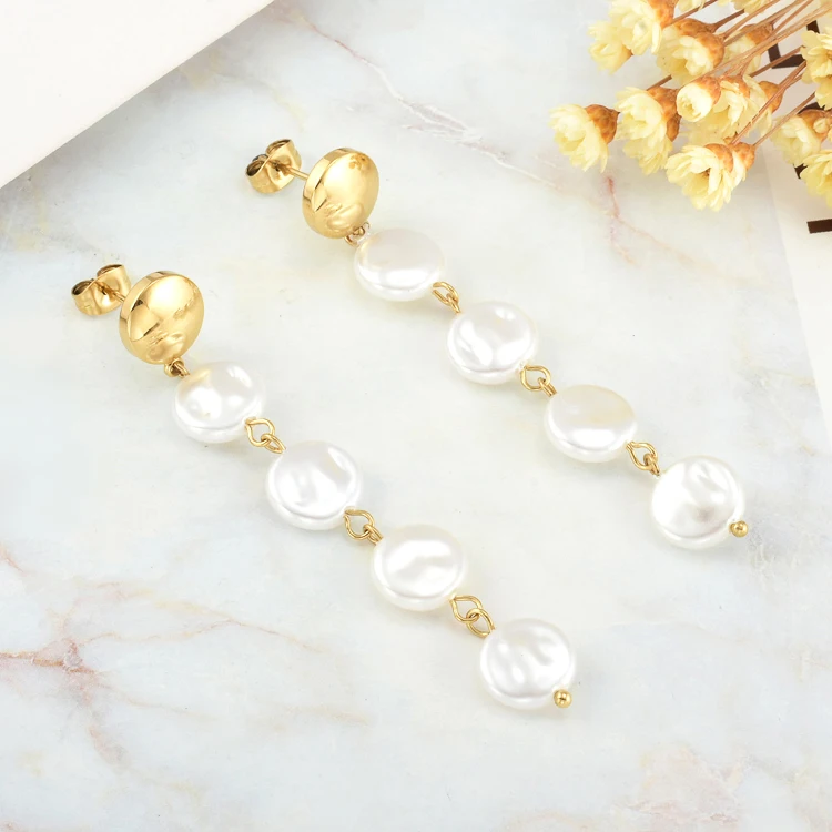 

Wholesale Stainless Steel Simple Long Flat Simulated Pearl Earrings
