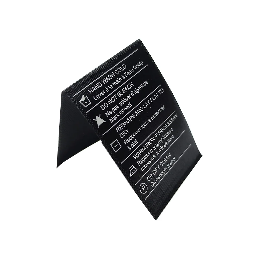 

Custom Black Ribbon Folded Wash Label Printed White Garment Labels Different Size as Per Customers' Request Text for Clothes