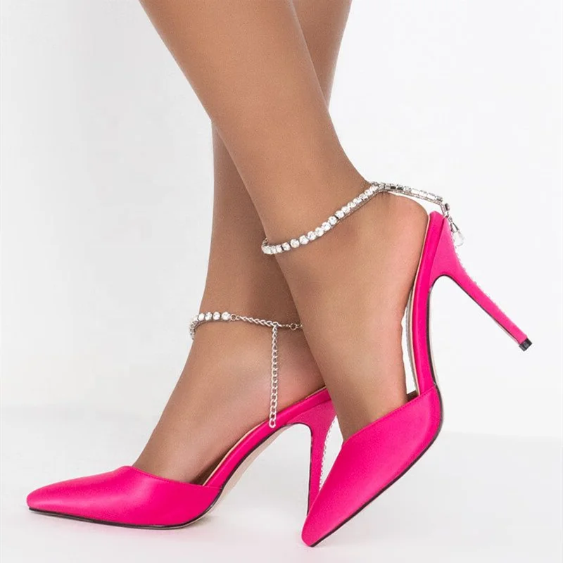 

Ankle Diamonds Chain Strap Pumps Shoes Soft Comfortable High Heels Shoes Pointy Toe Sandals Spring Summer Dress Shoes Size 45, Green pink