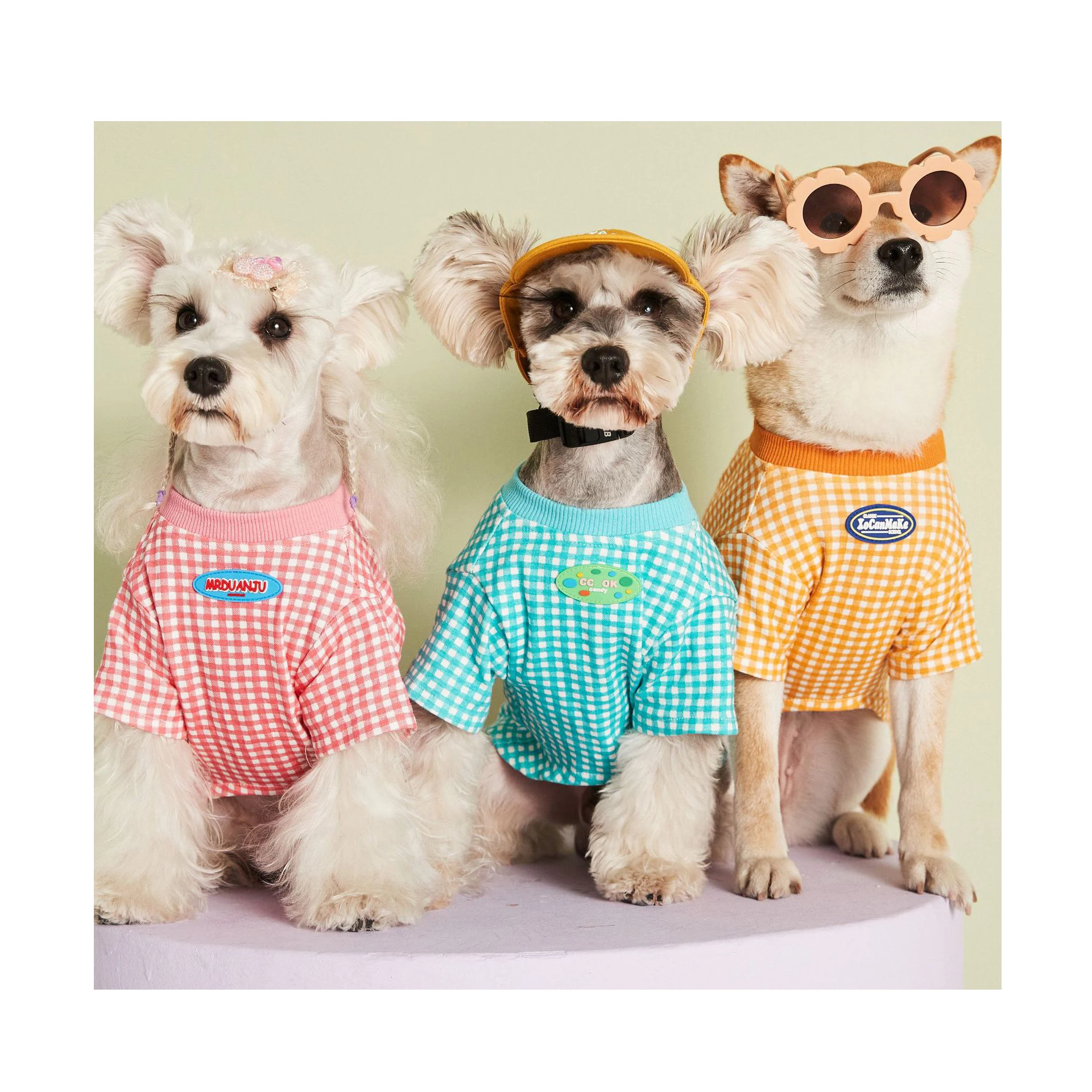 

Wholesale thin designer pet clothes summer candy color plaid dog T-shirt