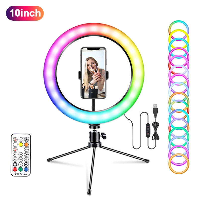 

Hot Sales RGB multicolor 26cm led 10inch selfie ring light photographic lighting lamp with desktop tripod for youtube tiktok