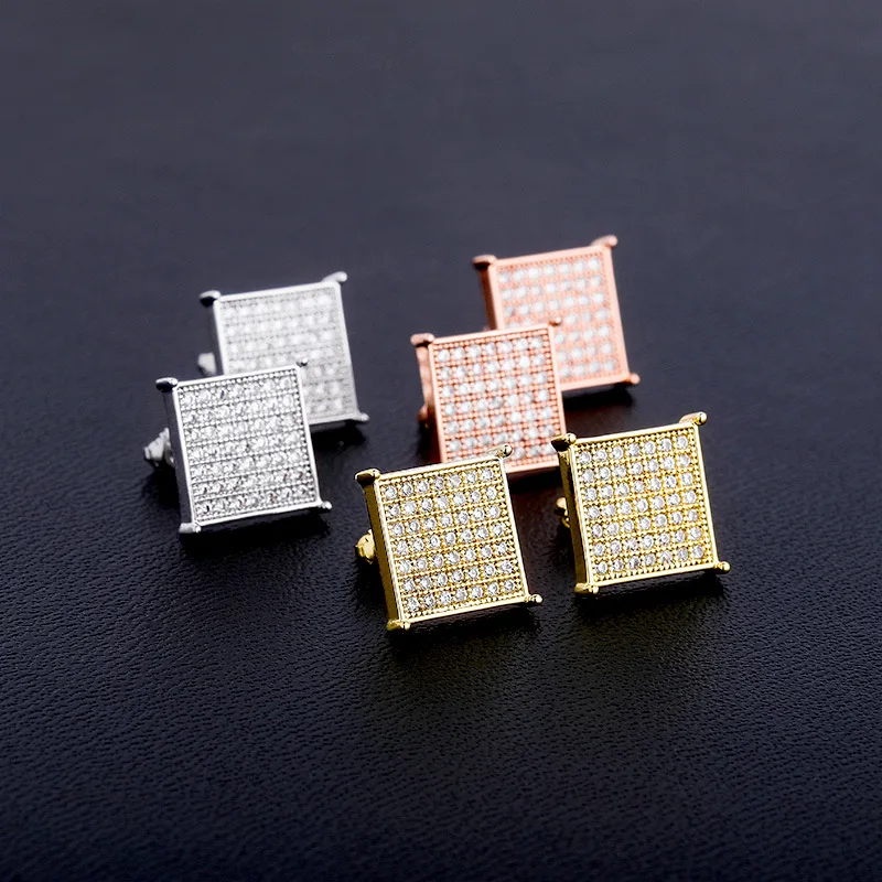 

12mm Square Shape Stud Earrings Iced Out Cubic Zirconia Micro Pave Hip Hop Fashion Jewelry Gift For Men Women
