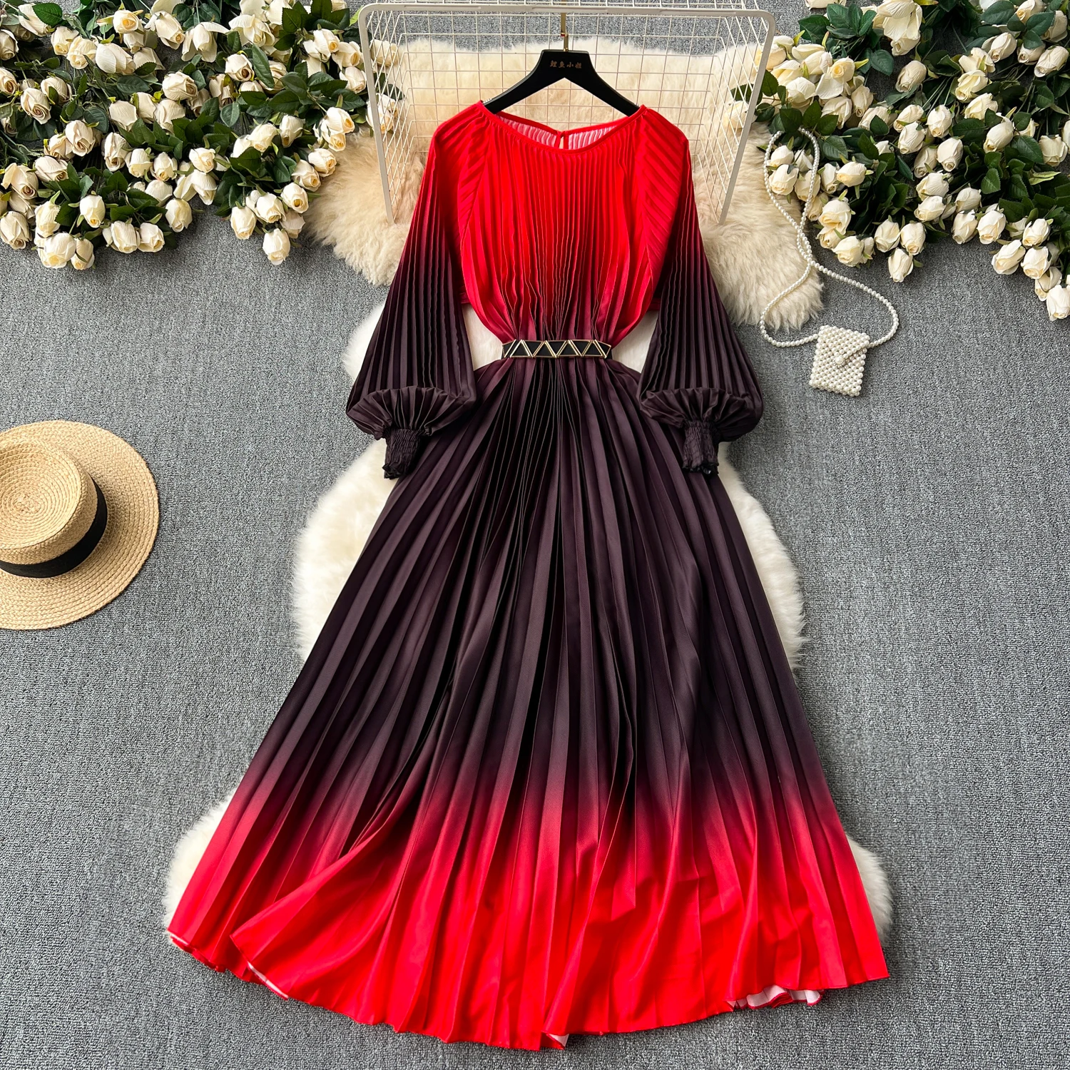Vintage Gradient Print Midi Dress Lantern Sleeves