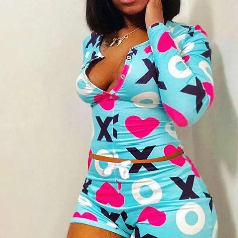 

Women Print Homewear Set Two Pieces Set Long Sleeve Top Skinny Elastic Waist Shorts Women Homewear