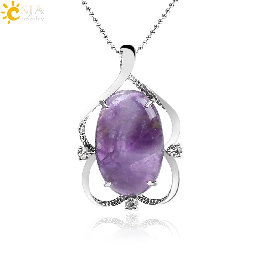 

CSJA wholesale natural stone jewellery pendant necklace oval flat crystal charms reiki lucky necklace women F261