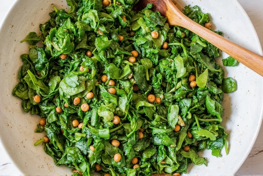 A colorful grain bowl topped with sautéed African greens