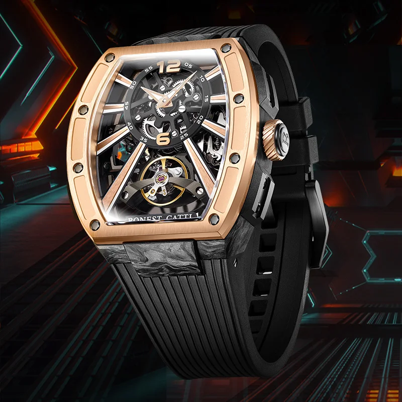 

Bonest Gatti Top Luxury Automatic Men Carbon Fiber Refined Steel Skeleton Fashion Casual Mechanical Watch