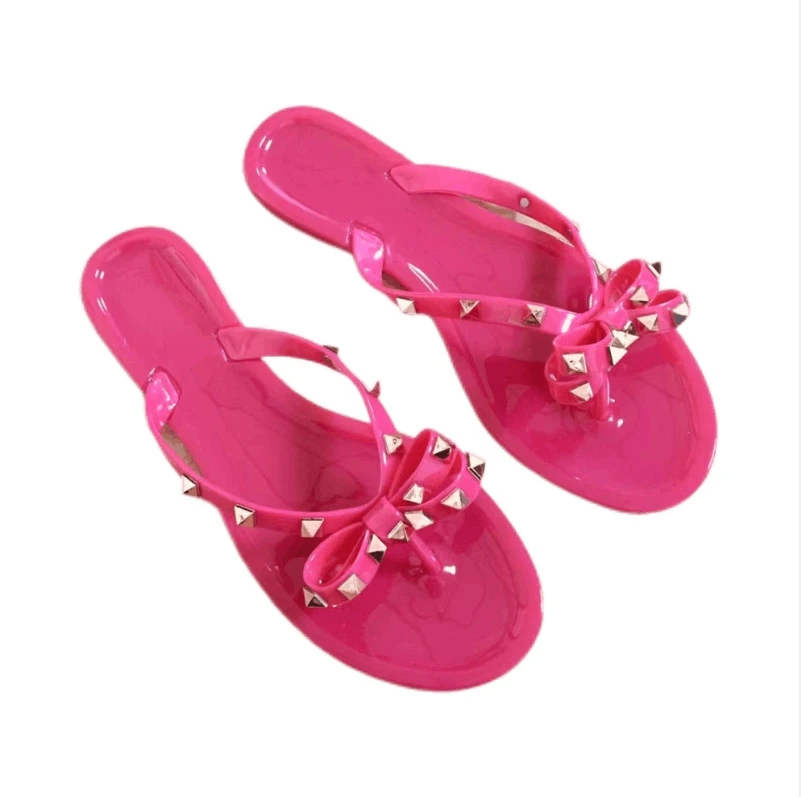 

Female Home Anti Slip Slippers Rivet Bow Flip Flop Slippers For Women, As picture