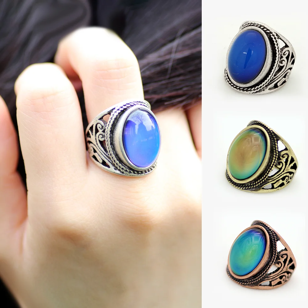 

2021 Fashion Antique Silver Plated Color Change Emotion Feeling Mood Oval Stone Ring