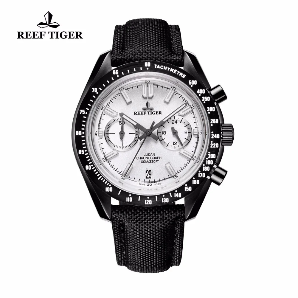 

New Reef Tiger Sport Mens Watches with Date Black Steel White Dial Luminous Chronograph Watch RGA3033