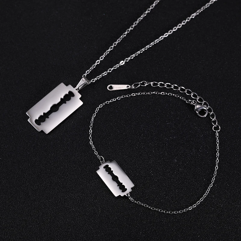 

Razor Blade Jewelry Set Stainless Steel Simple Shaver Pendant Statement Necklace Charm Bracelet Pulsera Gift for Women, Silver