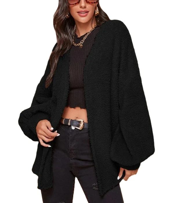 

Female Fluffy Oversized Warm Shearling Coat Open Front Lantern Sleeve Teddy Coat