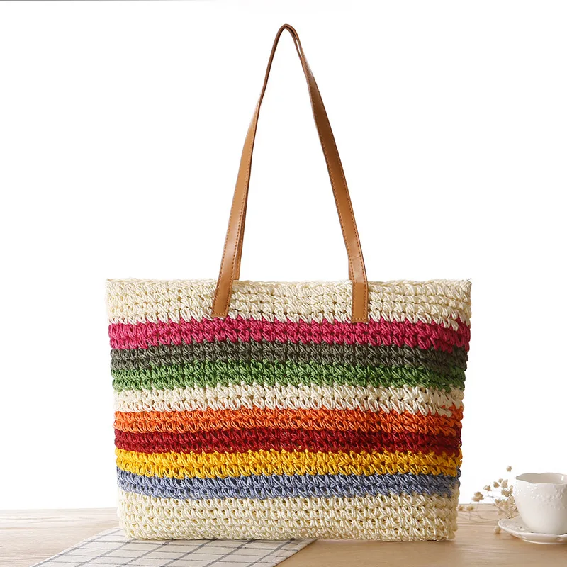 

Colorful Rainbow Straw Beach Tote Bags Summer Cotton Crochet Women Hand-woven Handbags Top Handle Casual Shoulder Messenger Bag, 2 colors