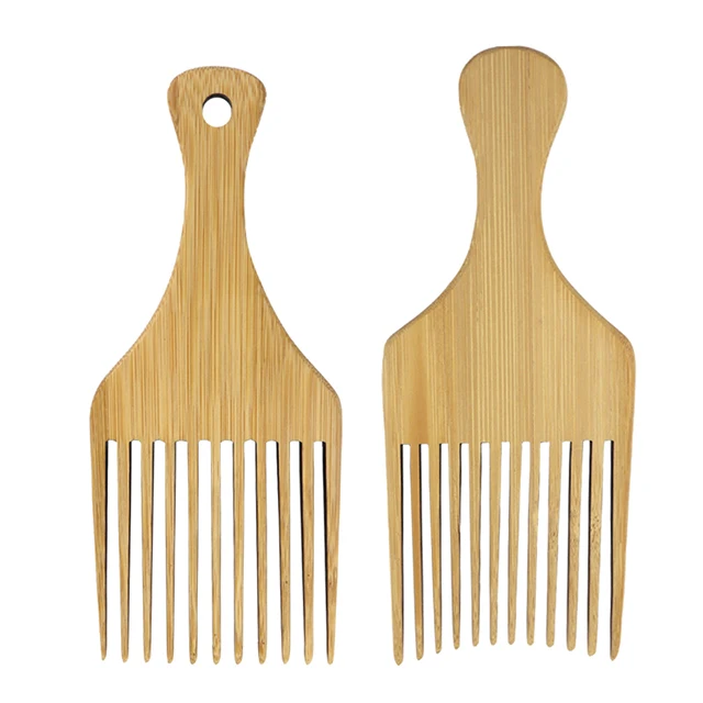 

Custom Wholesale Wooden Bamboo Afro Comb Hair Pick Fork Comb For Men & Women, Natural color of bamboo