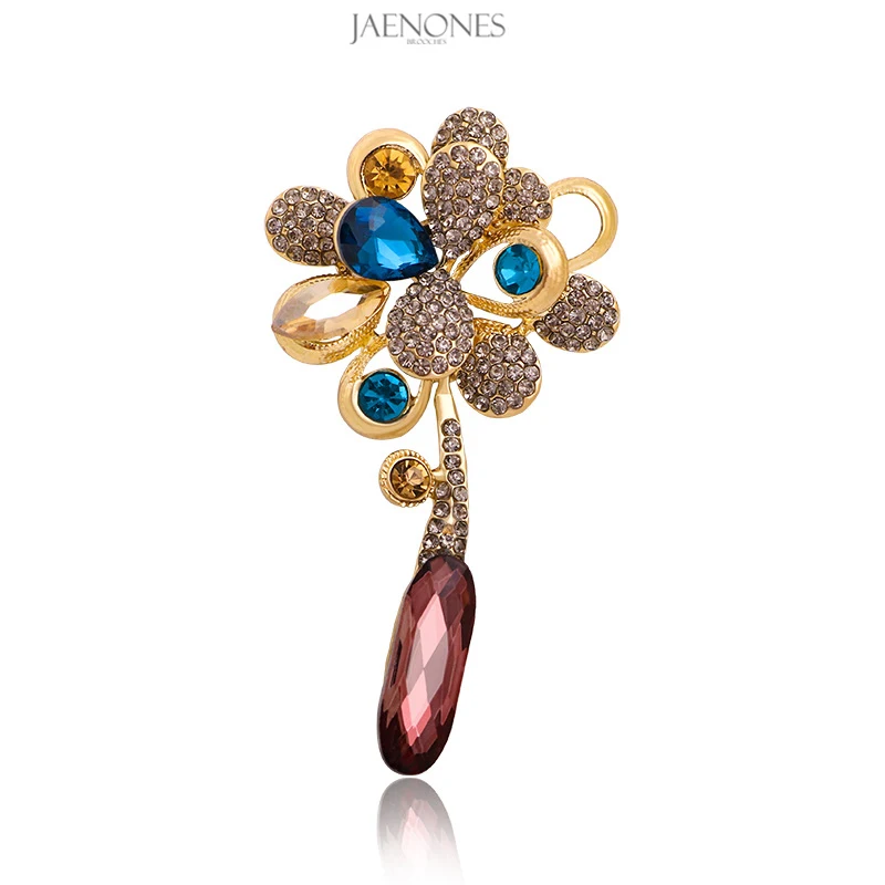 

JAENONES Wholesale Fashion Customize Vintage Rhinestone Designer Inspired Brooch Elegant Flower Brooch For Women, Gold plated