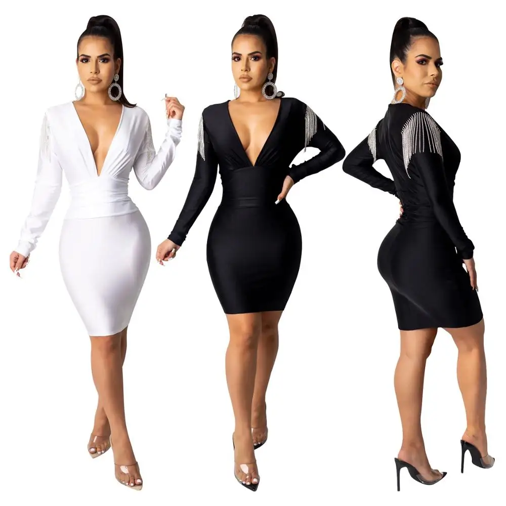 

Women Dresses Tassel Shoulder Bodycon Party Sexy Tight Mini Dress Elegant Autumn Fall Deep V Ladies Female Clothing RS00132, Shown