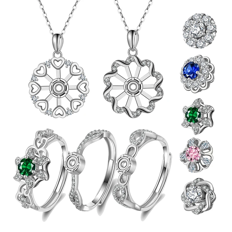 RINNTIN LM Fashion Jewelry Set Anxiety Ring Necklace Ring Set Rotatable Shiny Zircon Silver Jewelry Set for Women