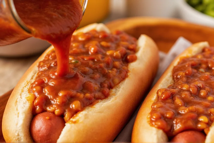 Close-up of homemade chili dog sauce being poured over hot dogs with ingredients visible