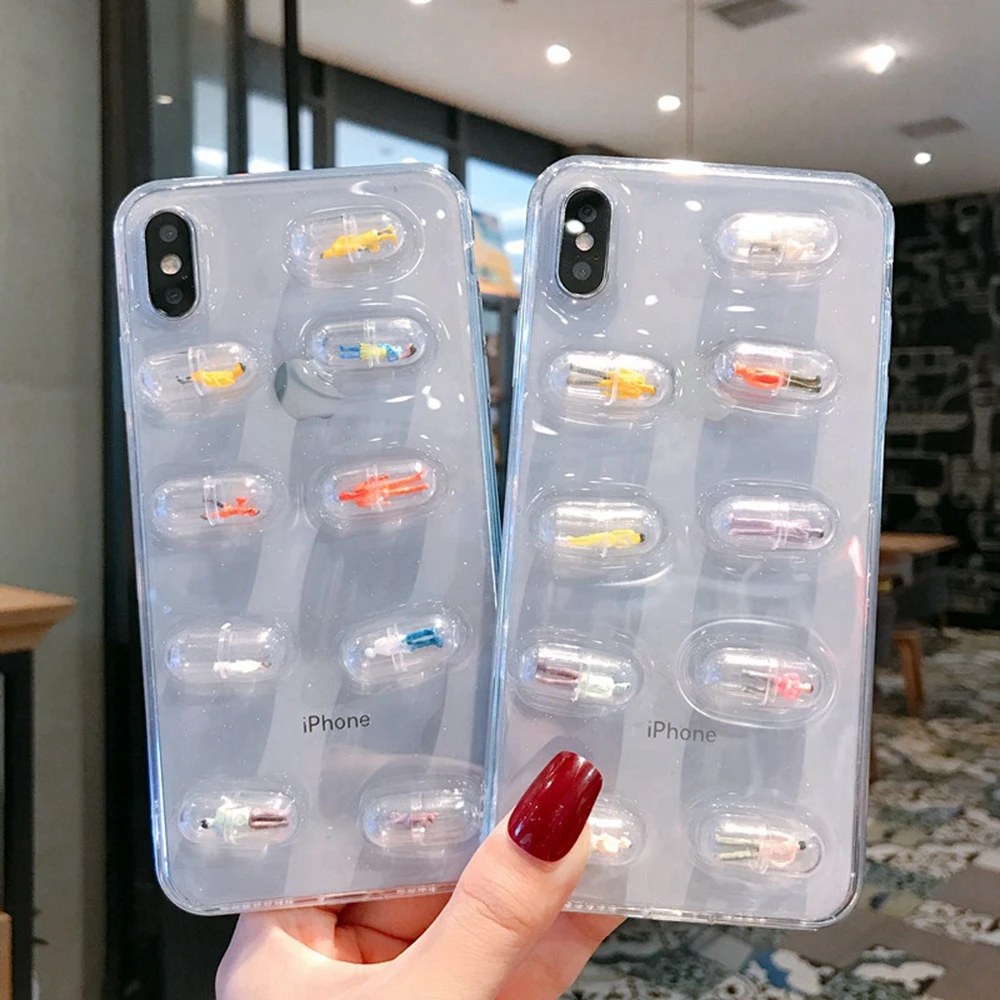 

Free Shipping Funny Transparent 3D Pill Capsule Phone Case for iPhone 12 11pro xs max xr x 8 plus 7 Cute Soft Clear TPU Cover