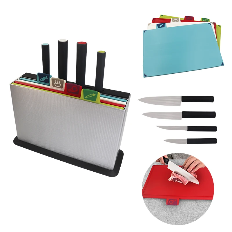 

Eco Friendly Non Slip 8 piece/set Kitchen Accessories Knife And Plastic Color Coded Chopping Board With Holder