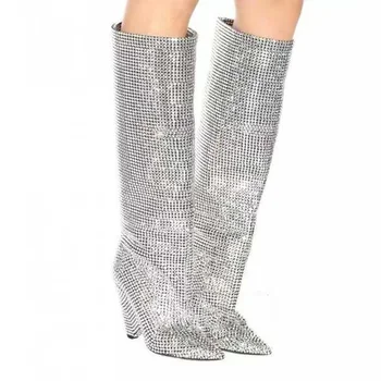 Hot Sale Women Full Rhinestone Pointed Toe Over The Knee Boots Women
