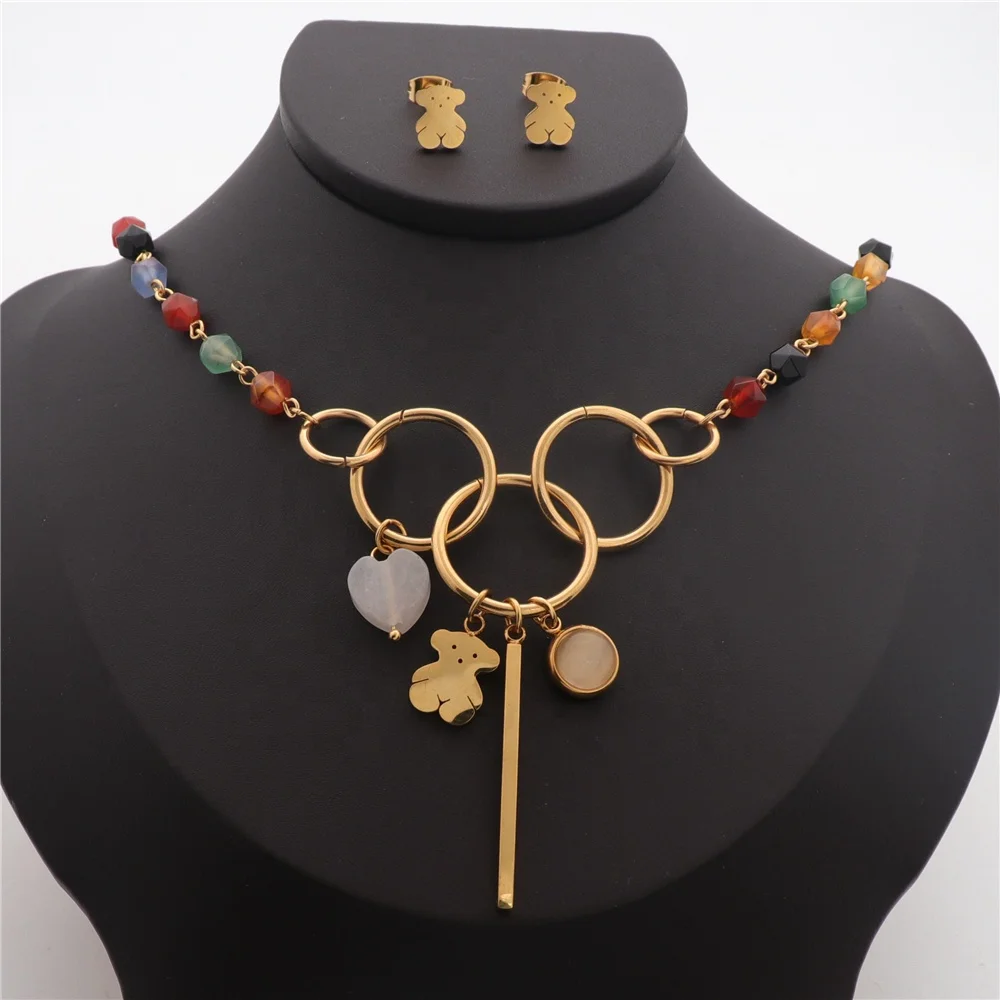 

Semi Rhinestone Cute Heart Gold Plated Hoop Circle Mexican Stainless Steel Jewelry Sets Women