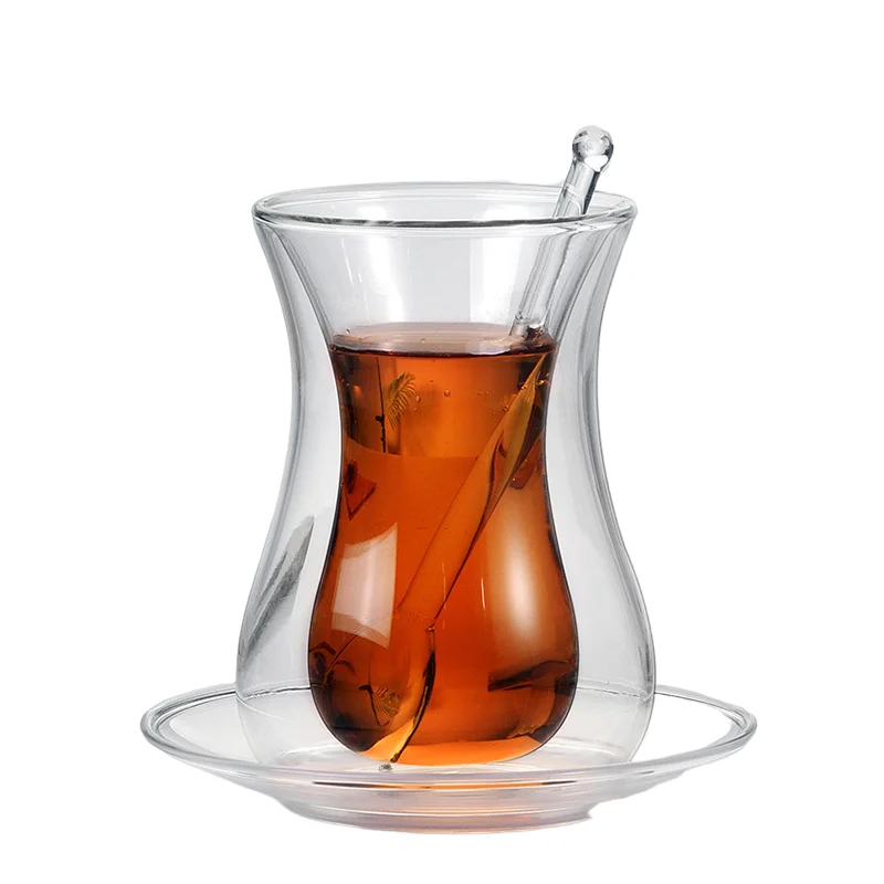 

150ml clear turkish double wall glass coffee cups with saucer and spoon, Transparent clear