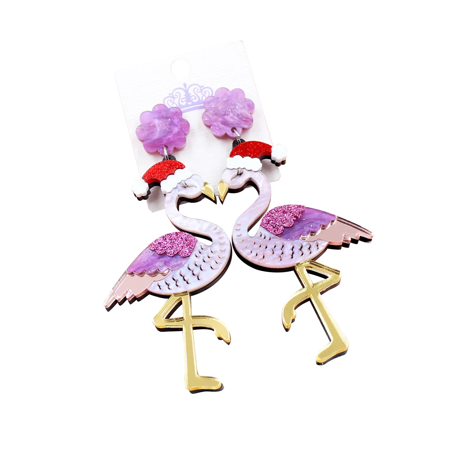 

HP064-Flamingo Christmas Earring Galaxy Glitter Color Laser Cutout Holiday Statement Acrylic Flamingo Dangle Earring