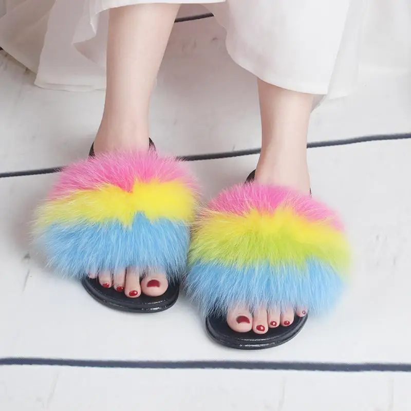 

Real Indoor Racoon Women Bedroom Ladies Heel Full Fur House Slippers, Picture