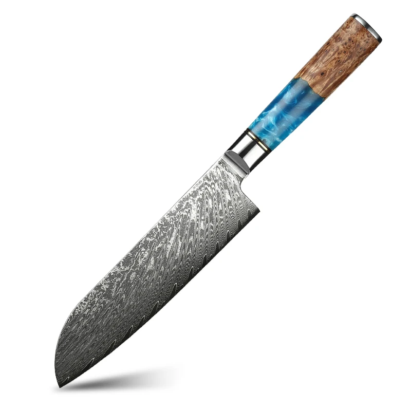 

Santoku Knife  Japanese style VG10 damascus steel Core Blade Kitchen Knife Resin Handle blue knife damascus steel, Silver