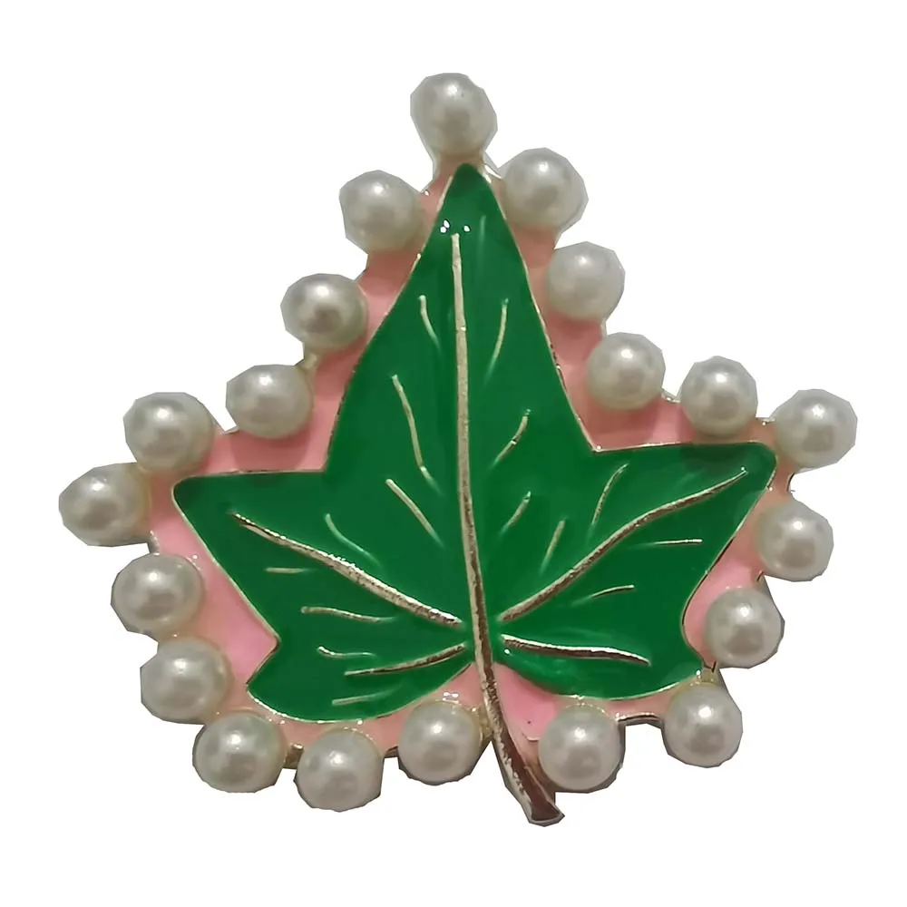 

20 Pearls Leaves Broach Sorority Fraternity Greek IVY Leaf Pink Green Brooch Lapel Pin